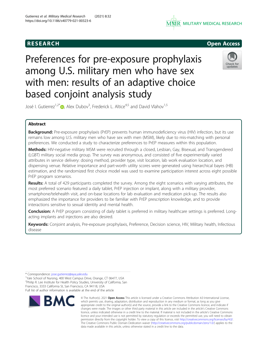 PDF) Preferences for pre-exposure prophylaxis among U.S. military men who  have sex with men: results of an adaptive choice based conjoint analysis  study