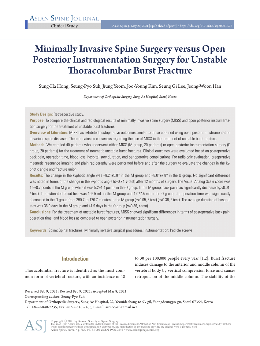 Pdf Minimally Invasive Spine Surgery Versus Open Posterior Instrumentation Surgery For Unstable Thoracolumbar Burst Fracture