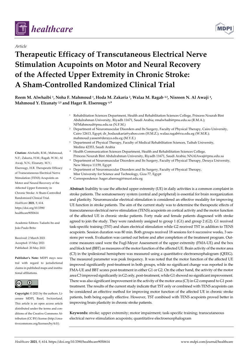 Bilateral Transcutaneous Electrical Nerve Stimulation Improves Upper Limb  Motor Recovery in Stroke: A Randomized Controlled Trial
