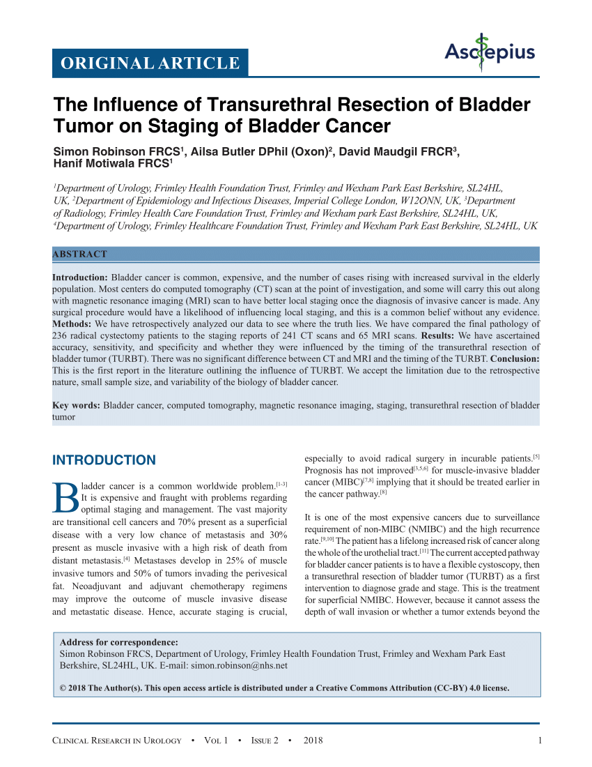 Pdf The Influence Of Transurethral Resection Of Bladder Tumor On