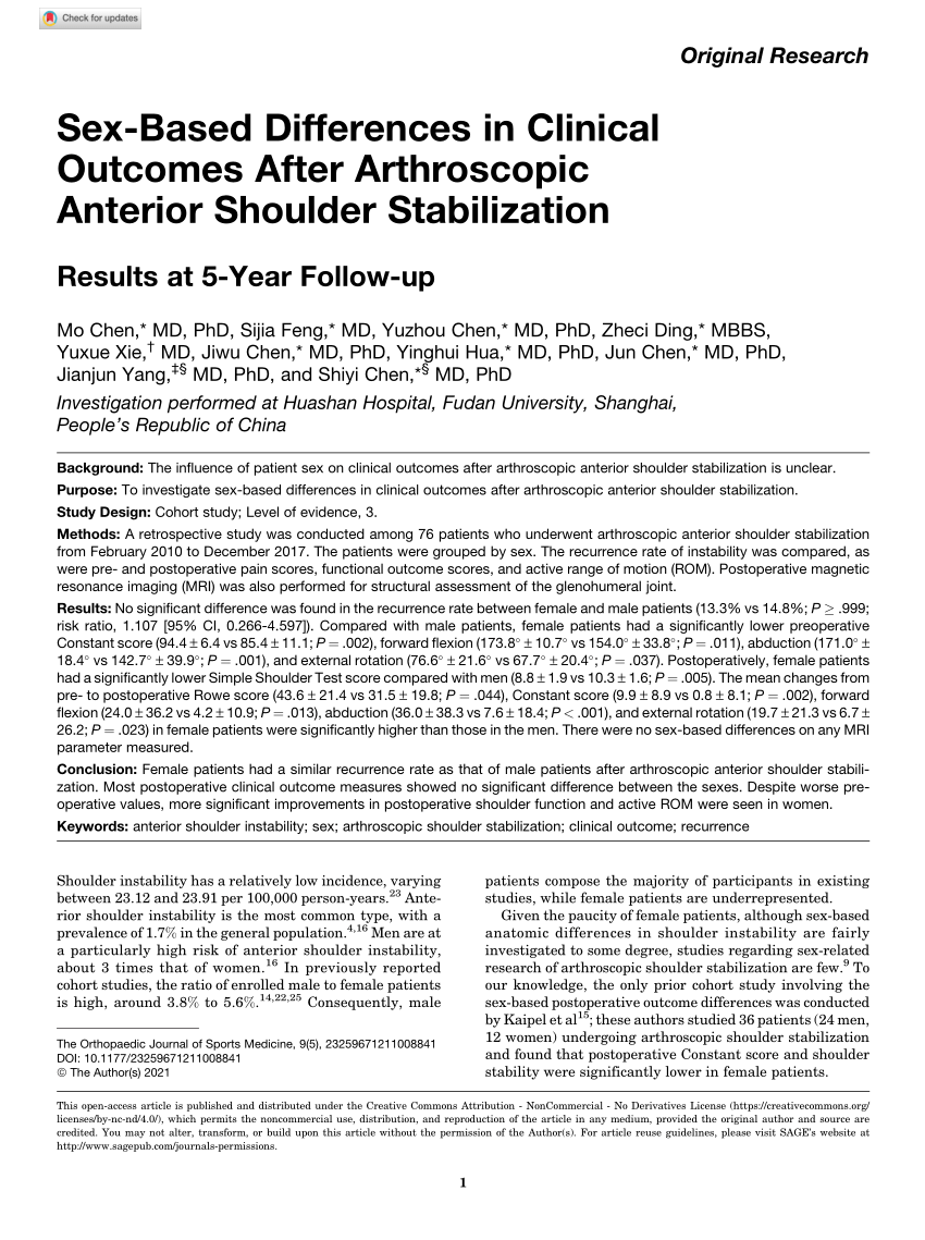 Pdf Sex Based Differences In Clinical Outcomes After Arthroscopic Anterior Shoulder