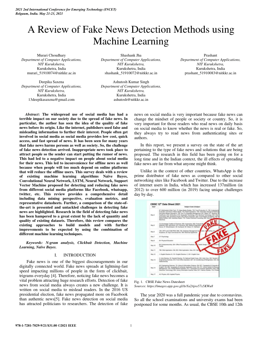 fake news detection using machine learning research papers ieee