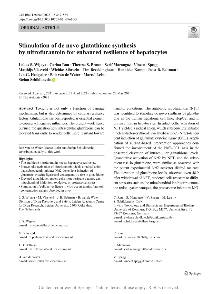 Pdf Stimulation Of De Novo Glutathione Synthesis By Nitrofurantoin For Enhanced Resilience Of Hepatocytes
