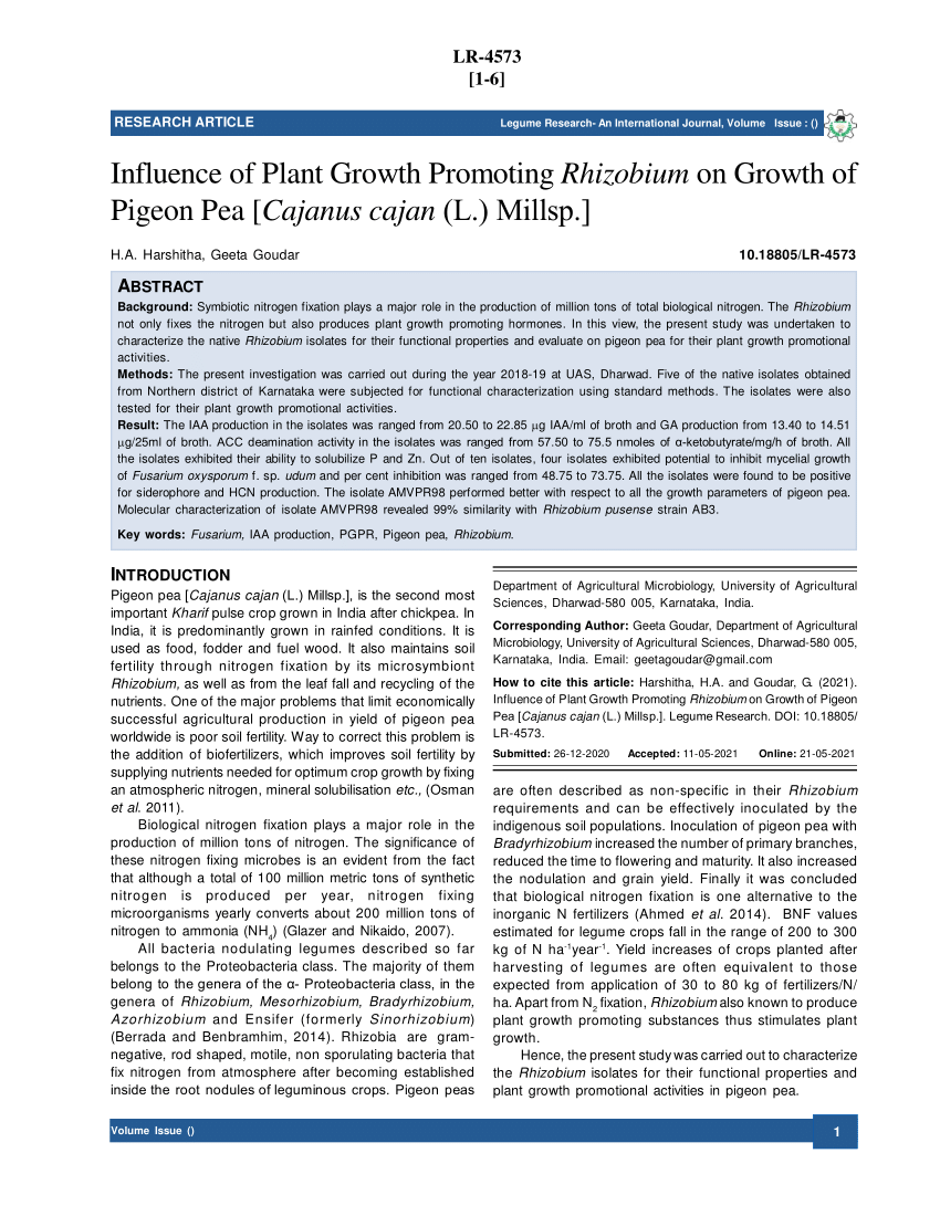 PDF) Influence of Plant Growth Promoting Rhizobium on Growth of Pigeon Pea  [Cajanus cajan (L.) Millsp.]