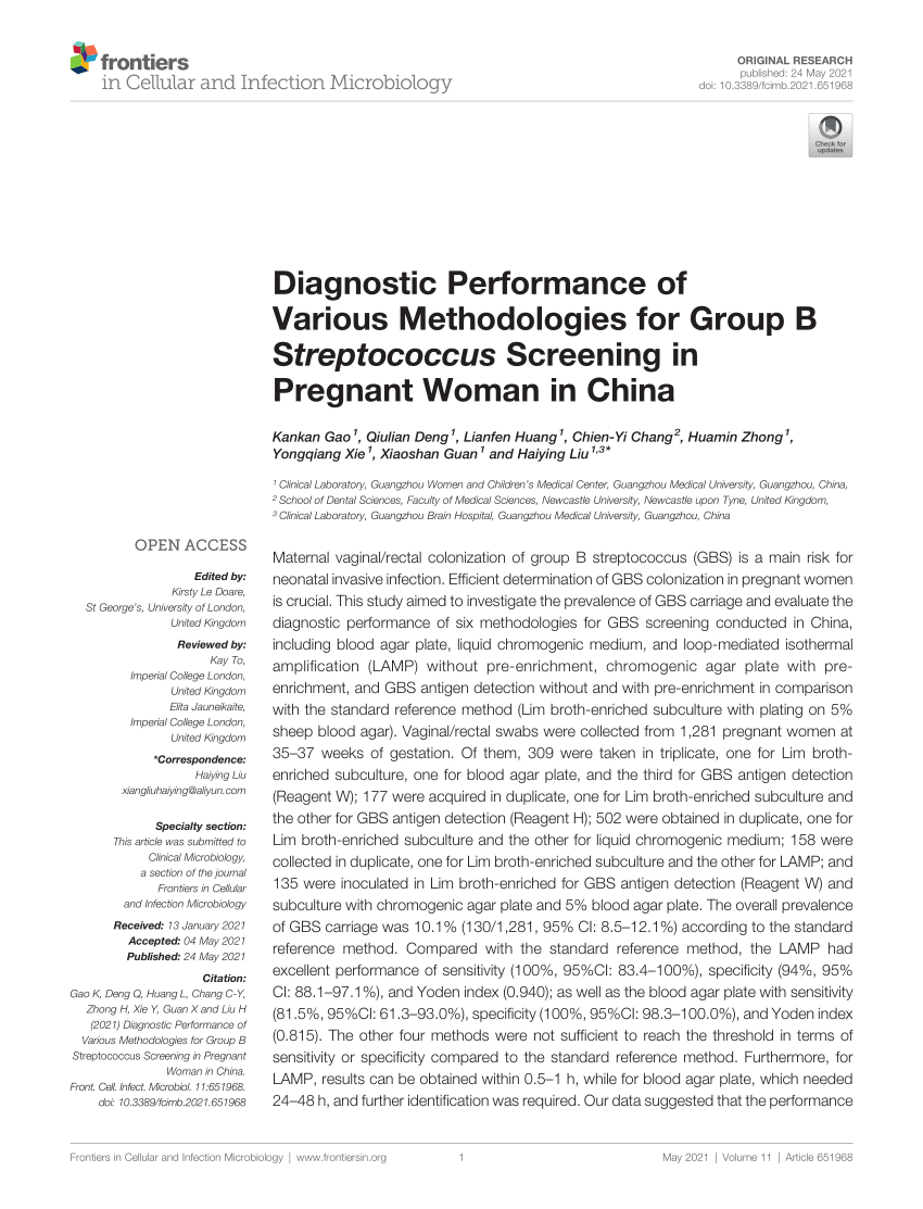 Pdf Diagnostic Performance Of Various Methodologies For Group B Streptococcus Screening In 