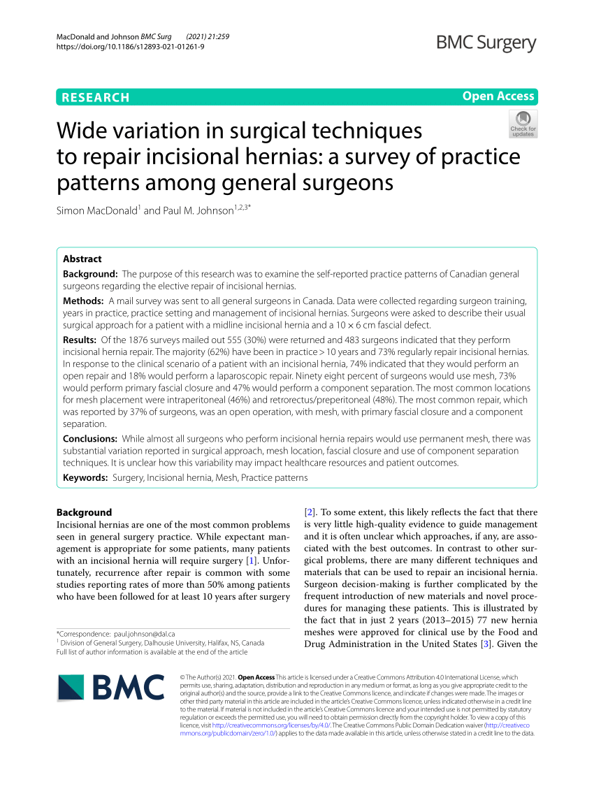 PDF) Wide variation in surgical techniques to repair incisional hernias: a  survey of practice patterns among general surgeons