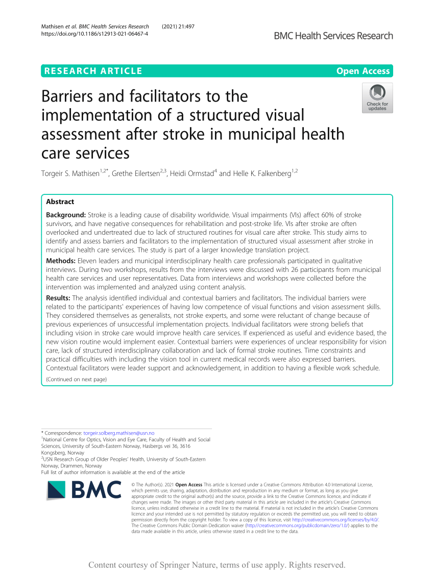PDF) Barriers and facilitators to the implementation of a structured visual  assessment after stroke in municipal health care services
