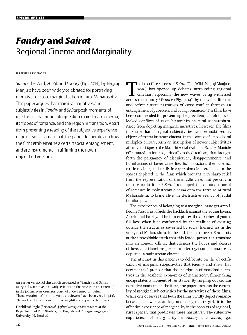 PDF Fandry and Sairat Regional Cinema and Marginality