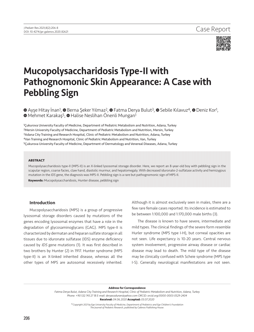 Pdf Mucopolysaccharidosis Type Ii With Pathognomonic Skin Appearance A Case With Pebbling Sign