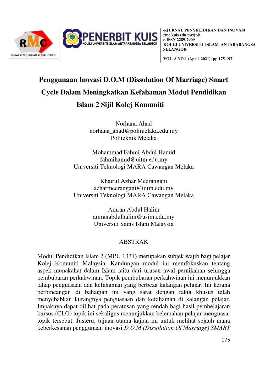 Pdf Penggunaan Inovasi D O M Dissolution Of Marriage Smart Cycle Dalam Meningkatkan Kefahaman Modul Pendidikan Islam 2 Sijil Kolej Komuniti