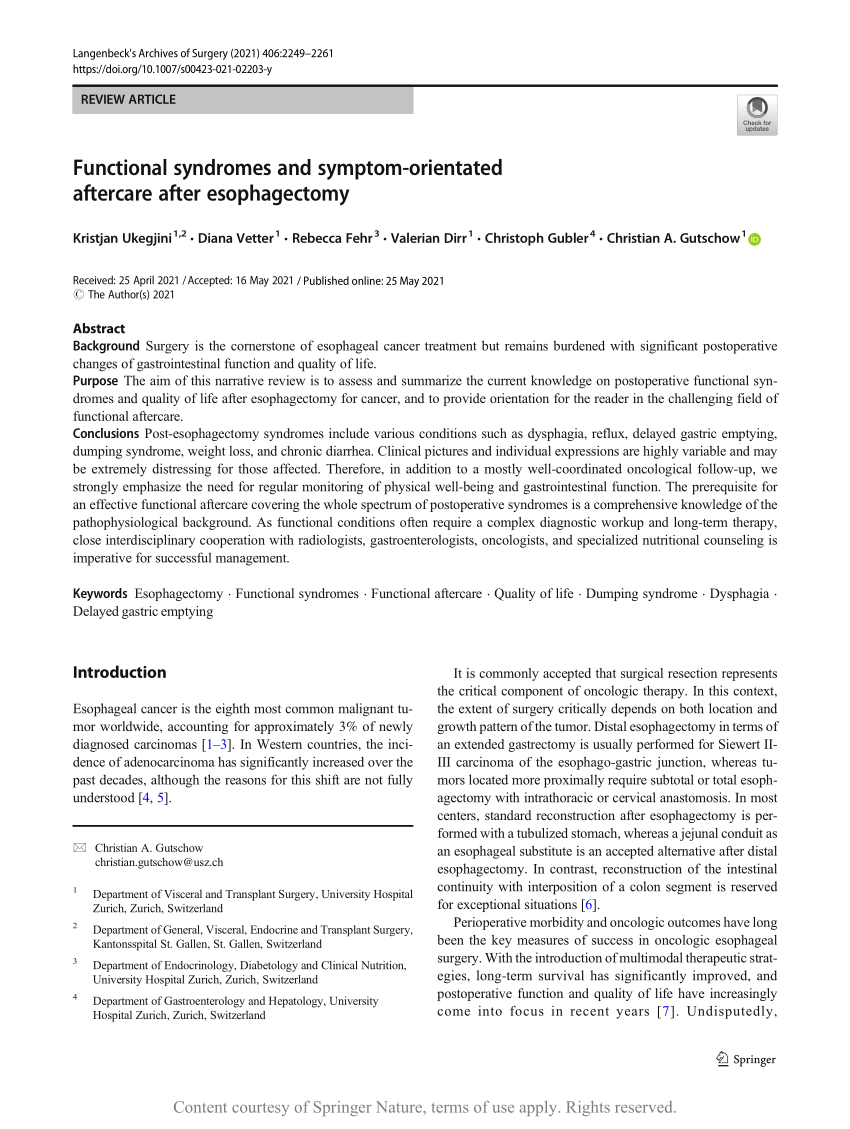 PDF) Functional Syndromes and Symptom-Orientated Aftercare after  Esophagectomy