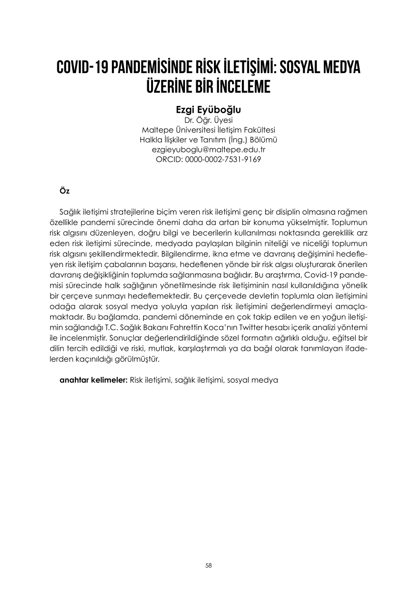 PDF Covid 19 Pandemisinde Risk İletişimi Sosyal Medya Üzerine  