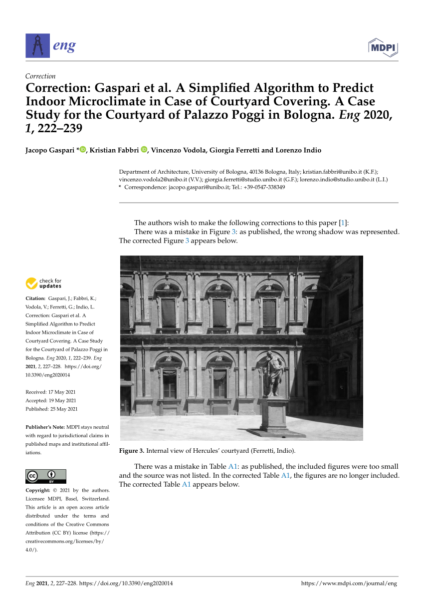 PDF) Correction: Gaspari et al. A Simplified Algorithm to Predict Indoor  Microclimate in Case of Courtyard Covering. A Case Study for the Courtyard  of Palazzo Poggi in Bologna. Eng 2020, 1, 222–239