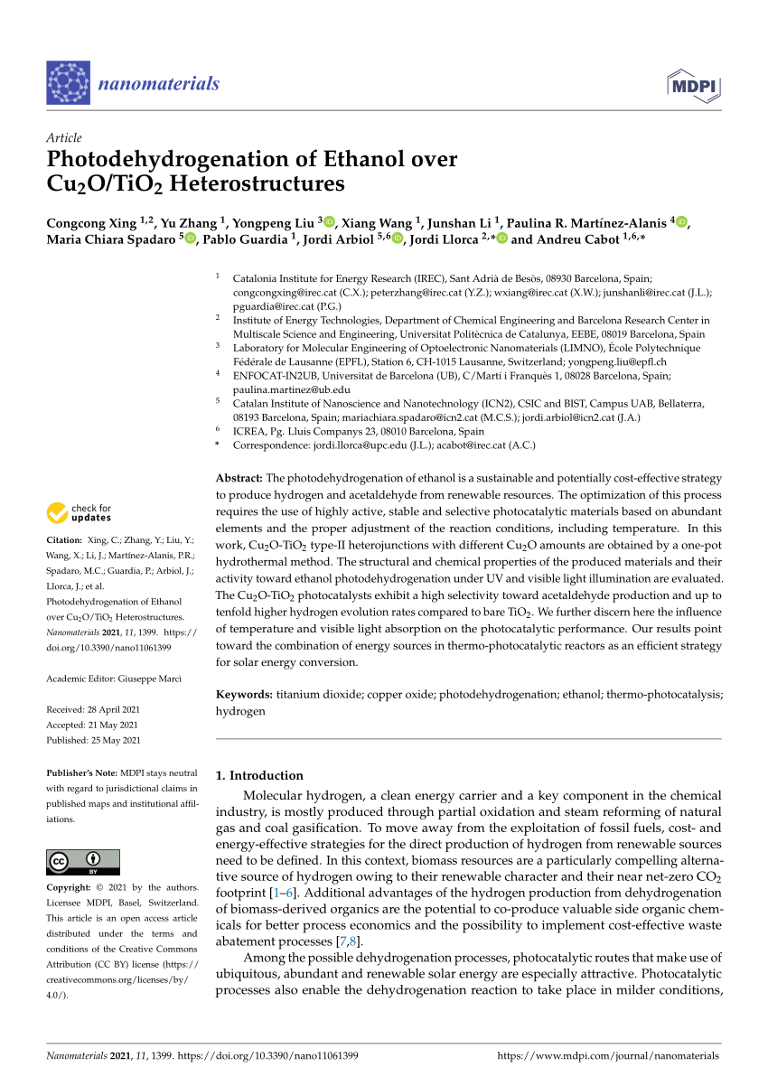 Pdf Photodehydrogenation Of Ethanol Over Cu2o Tio2 Heterostructures