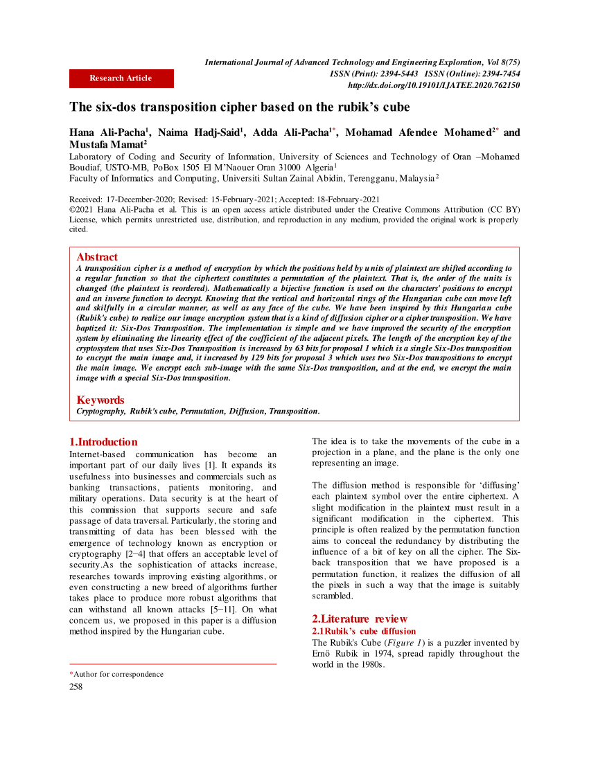 Pdf The Six Dos Transposition Cipher Based On The Rubik S Cube