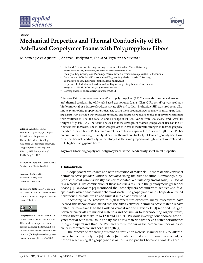 Pdf Mechanical Properties And Thermal Conductivity Of Fly Ash Based Geopolymer Foams With Polypropylene Fibers