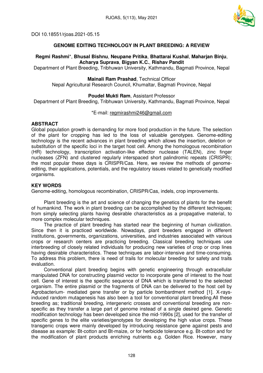 (PDF) GENOME EDITING TECHNOLOGY IN PLANT BREEDING: A REVIEW