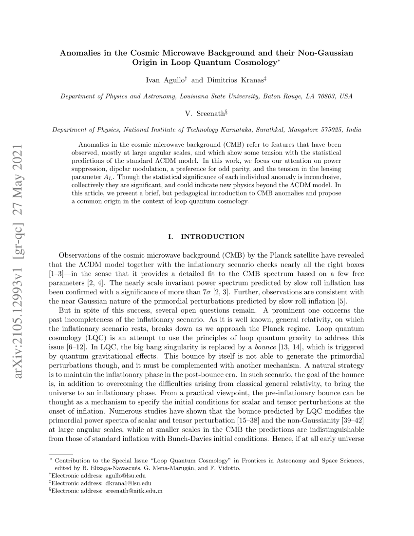 Pdf Anomalies In The Cosmic Microwave Background And Their Non Gaussian Origin In Loop Quantum 8521