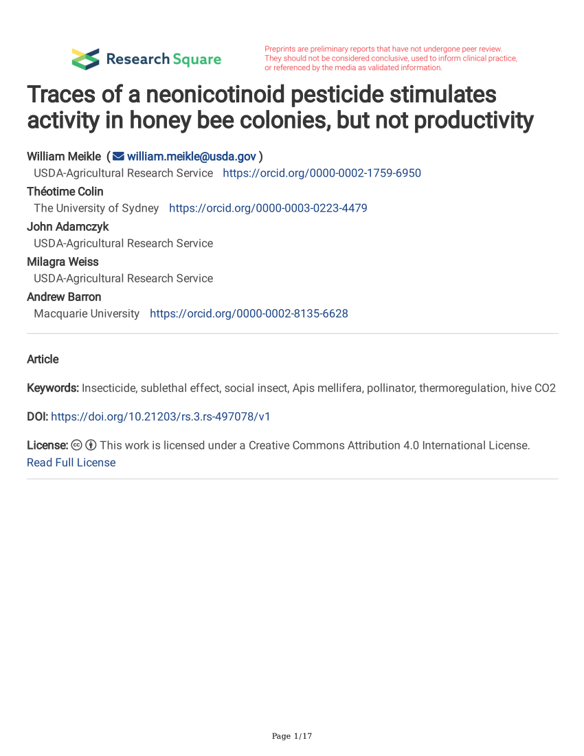 Pdf Traces Of A Neonicotinoid Pesticide Stimulates Activity In Honey Bee Colonies But Not