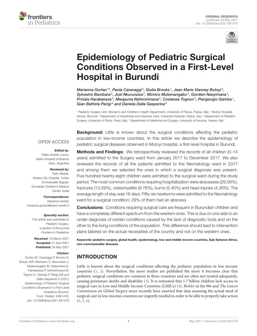 PDF Epidemiology of Pediatric Surgical Conditions Observed in a