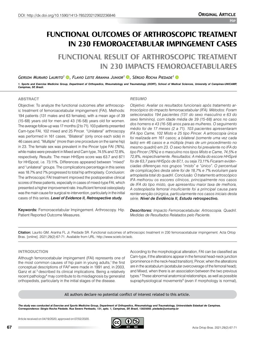 PDF | FUNCTIONAL OUTCOMES ARTHROSCOPIC TREATMENT 230 FEMOROACETABULAR IMPINGEMENT CASES