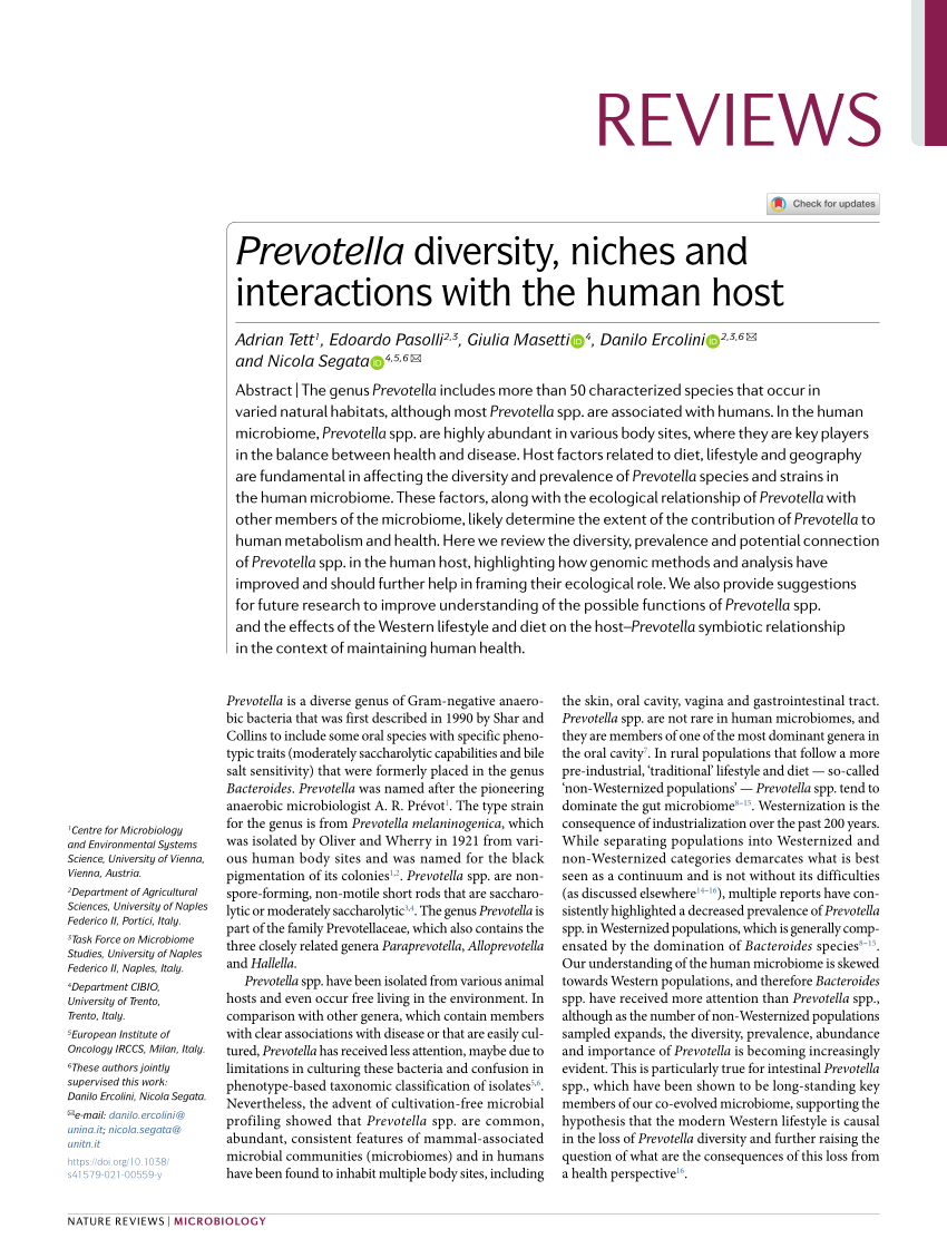 PDF Prevotella Diversity Niches and Interactions with the Human Host