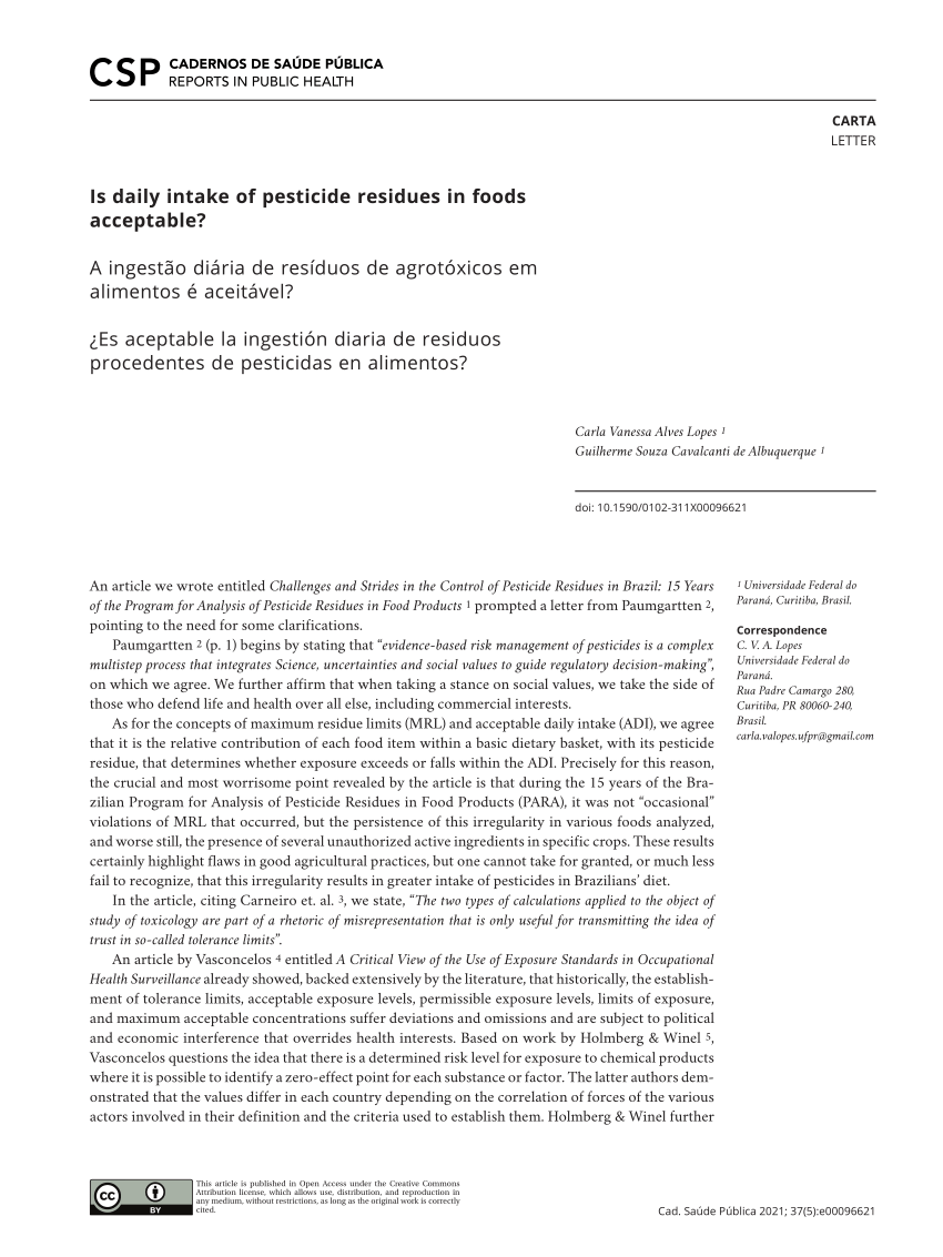 (PDF) Is daily intake of pesticide residues in foods acceptable?