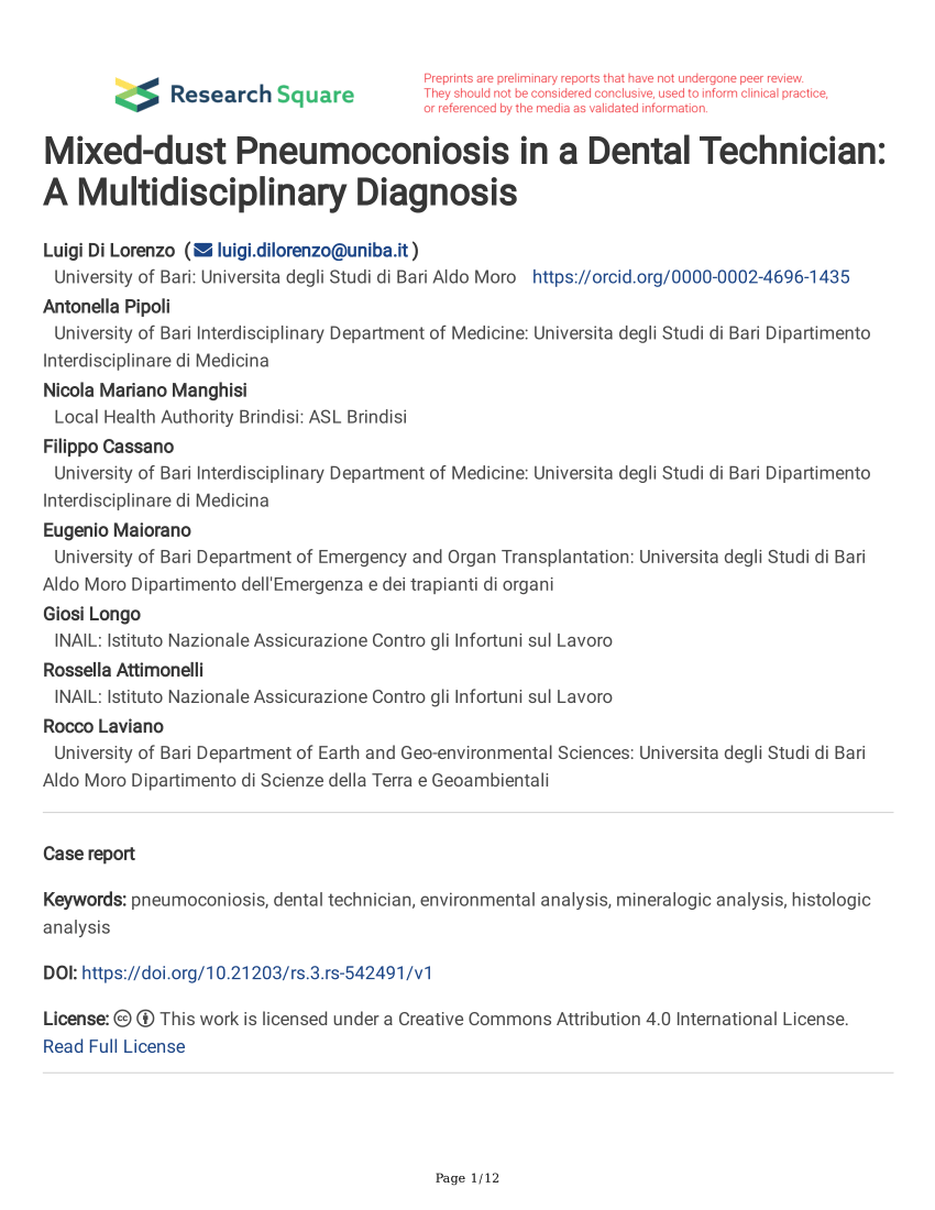 PDF) Mixed-dust Pneumoconiosis in a Dental Technician: A