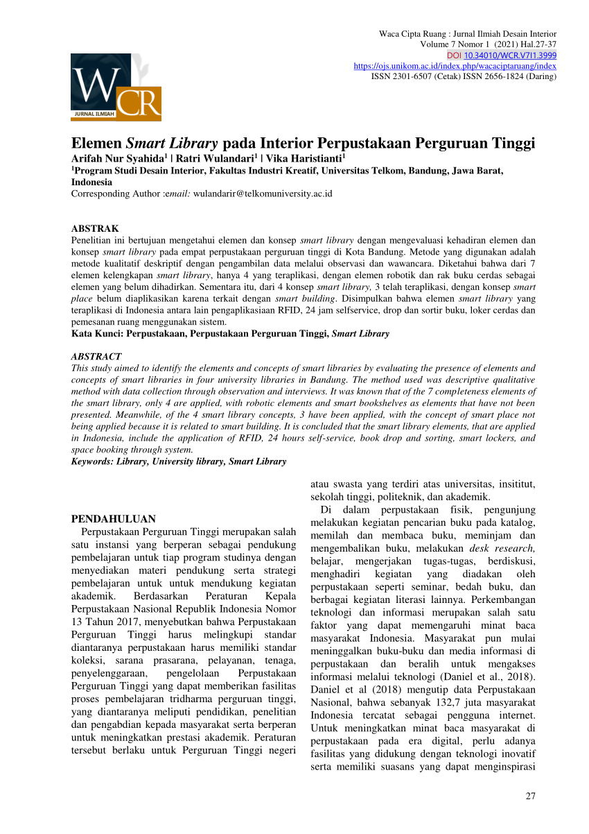 Pdf Elemen Smart Library Pada Interior Perpustakaan Perguruan Tinggi 2316