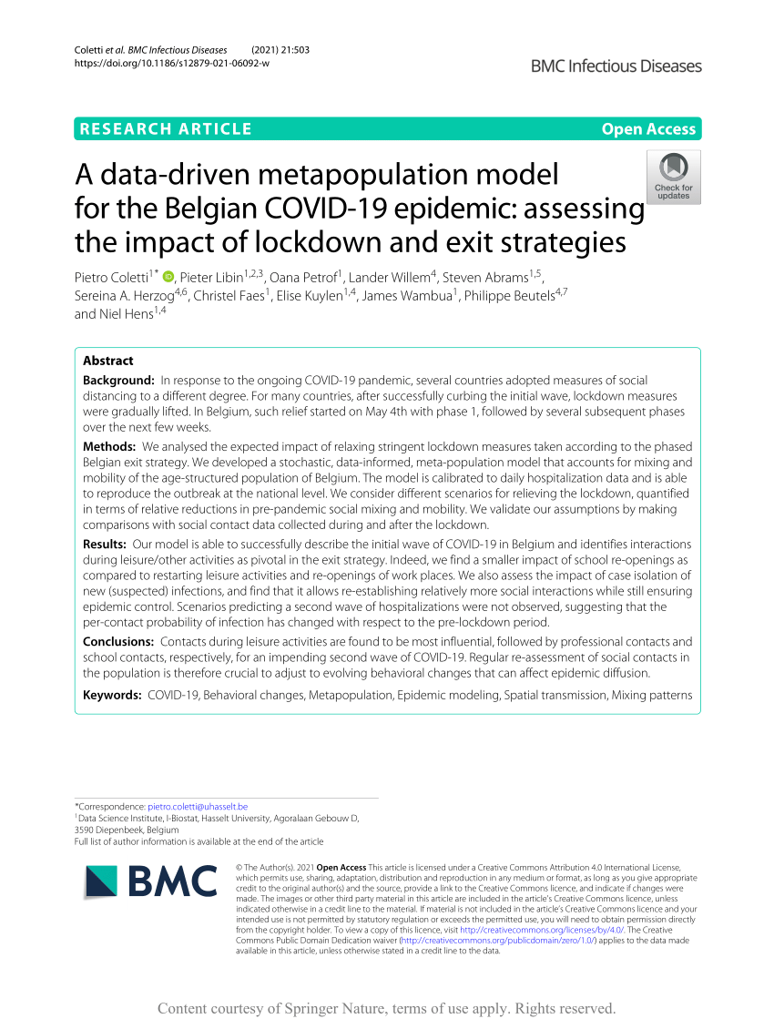 PDF A data driven metapopulation model for the Belgian COVID 19  