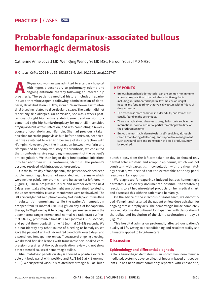 Pdf Probable Fondaparinux Associated Bullous Hemorrhagic Dermatosis