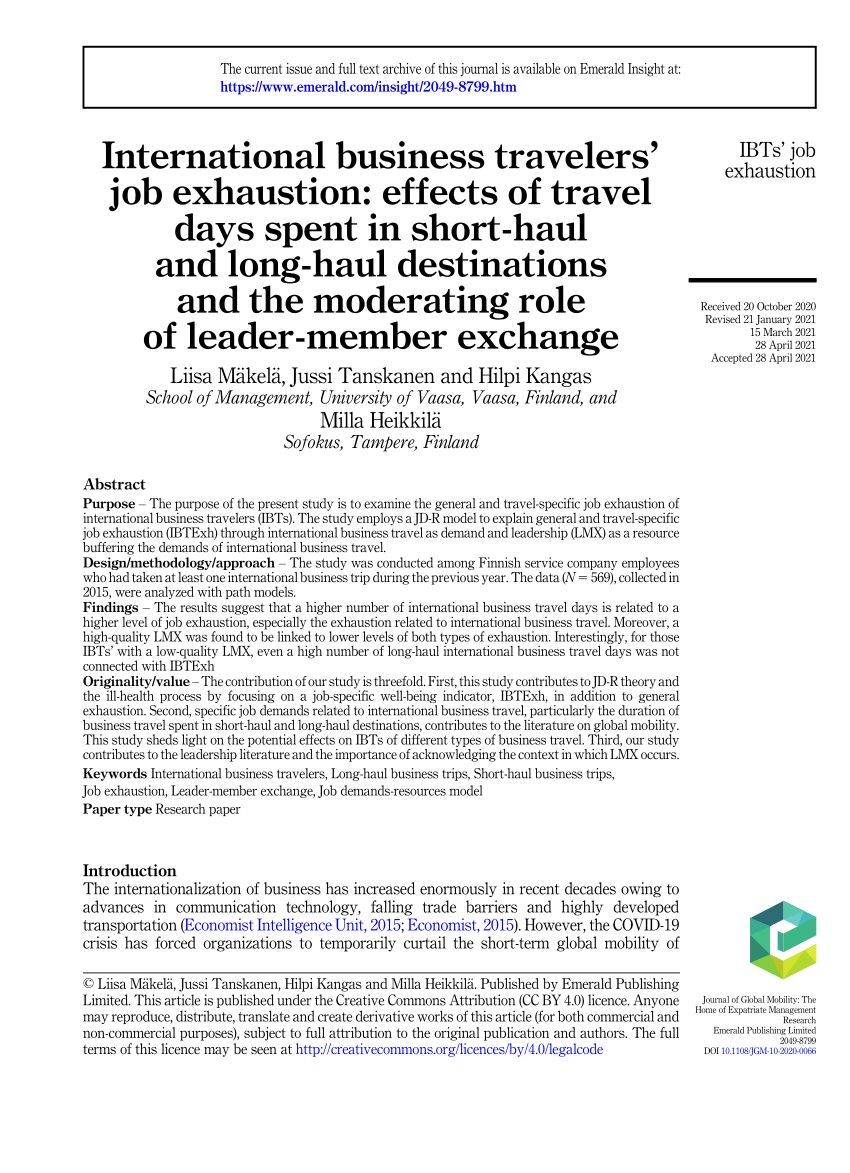 Pdf International Business Travelers Job Exhaustion Effects Of Travel Days Spent In Short Haul And Long Haul Destinations And The Moderating Role Of Leader Member Exchange