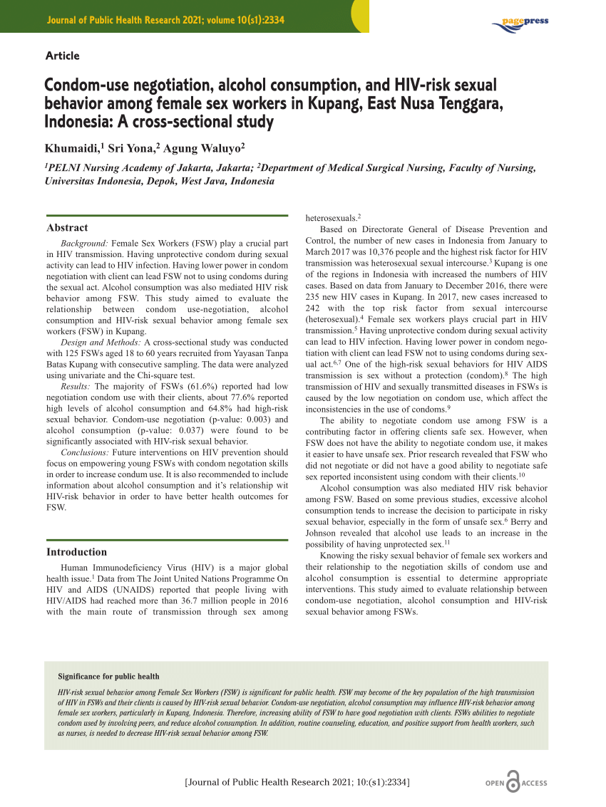 PDF) Condom-Use Negotiation, Alcohol Consumption, and Hiv-Risk Sexual  Behavior among Female Sex Workers in Kupang, East Nusa Tenggara, Indonesia:  A Cross-Sectional Study