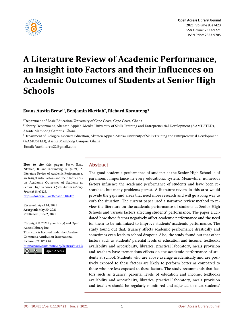 literature review on academic performance of students