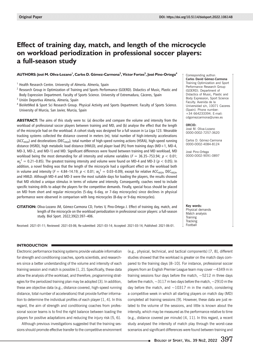 Pdf Effect Of Training Day Match And Length Of The Microcycle On Workload Periodization In Professional Soccer Players A Full Season Study