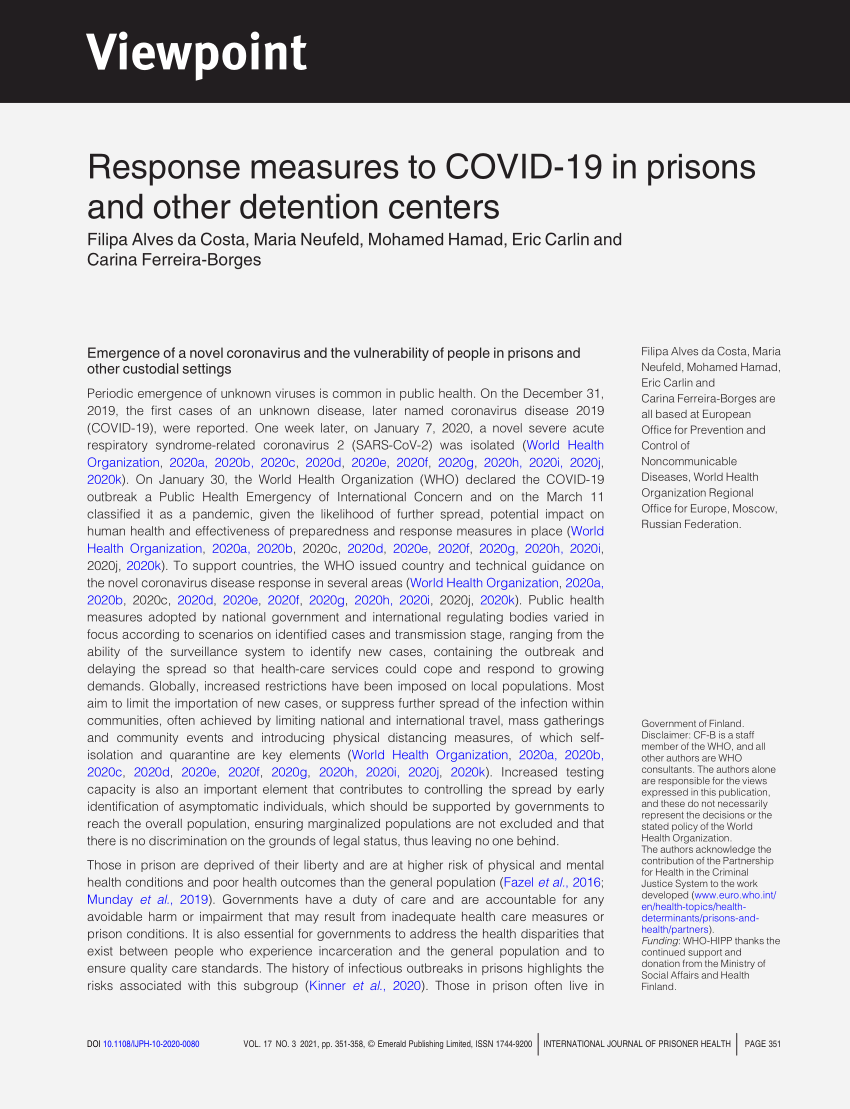 PDF Response measures to COVID 19 in prisons and other detention  