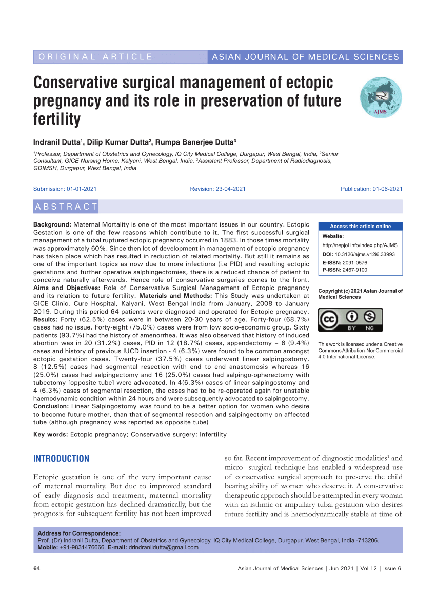 Pdf Conservative Surgical Management Of Ectopic Pregnancy And Its