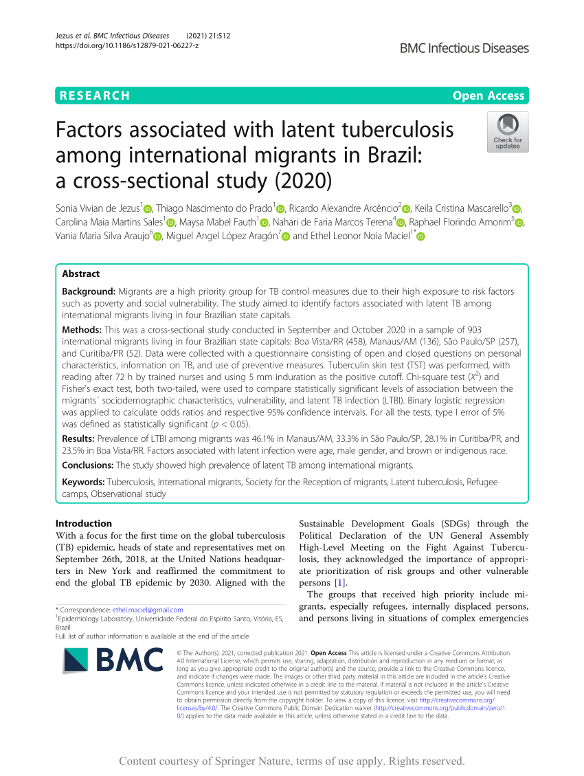 (PDF) Factors associated with latent tuberculosis among international  migrants in Brazil: a cross-sectional study (2020)