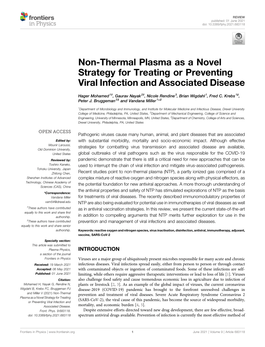 forstene alkohol tøffel PDF) Non-Thermal Plasma as a Novel Strategy for Treating or Preventing  Viral Infection and Associated Disease