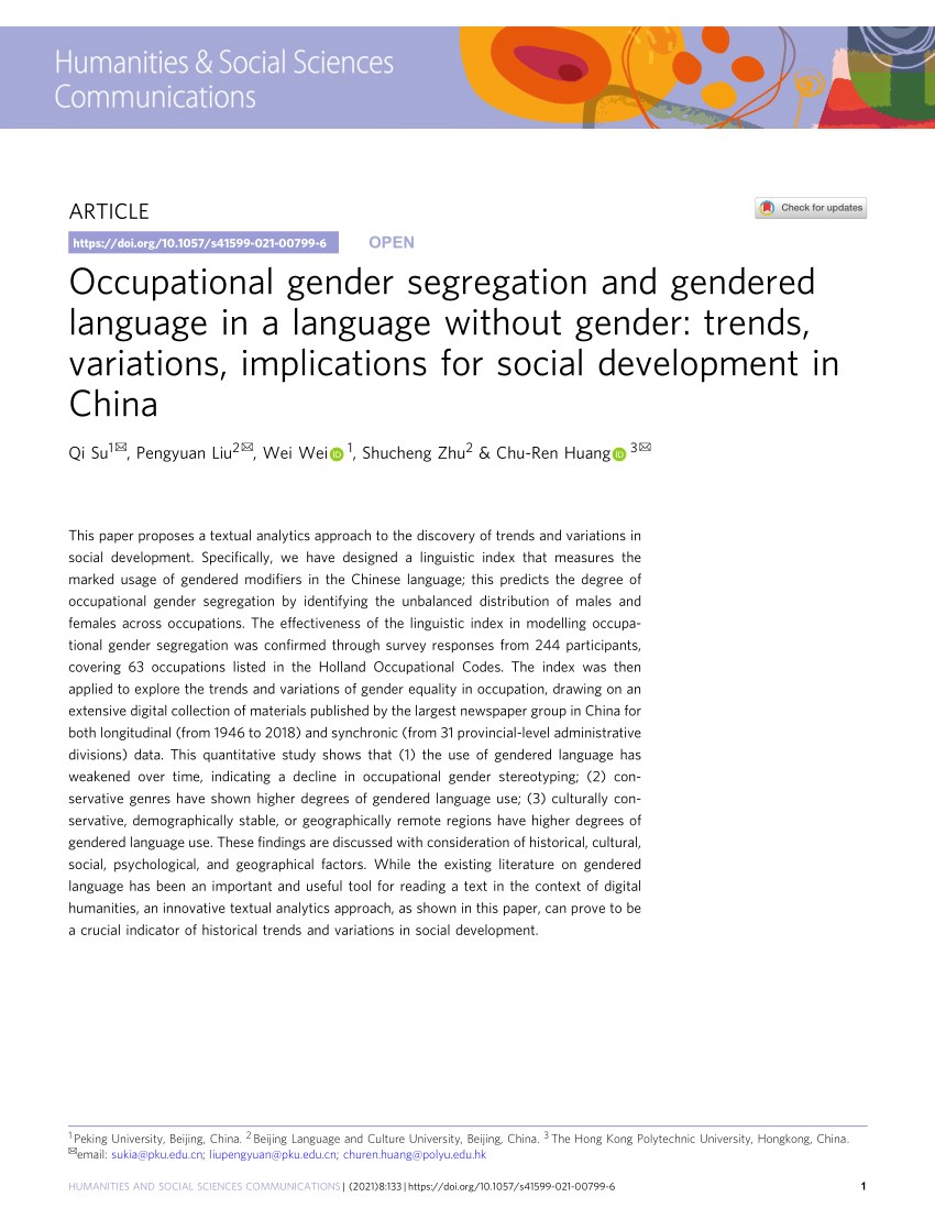 PDF) Occupational gender segregation and gendered language in a language without gender trends, variations, implications for social development in China