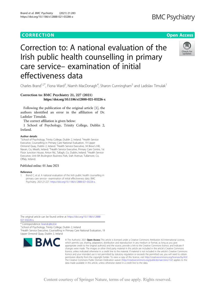 A national evaluation of the Irish public health counselling in primary  care service– examination of initial effectiveness data, BMC Psychiatry