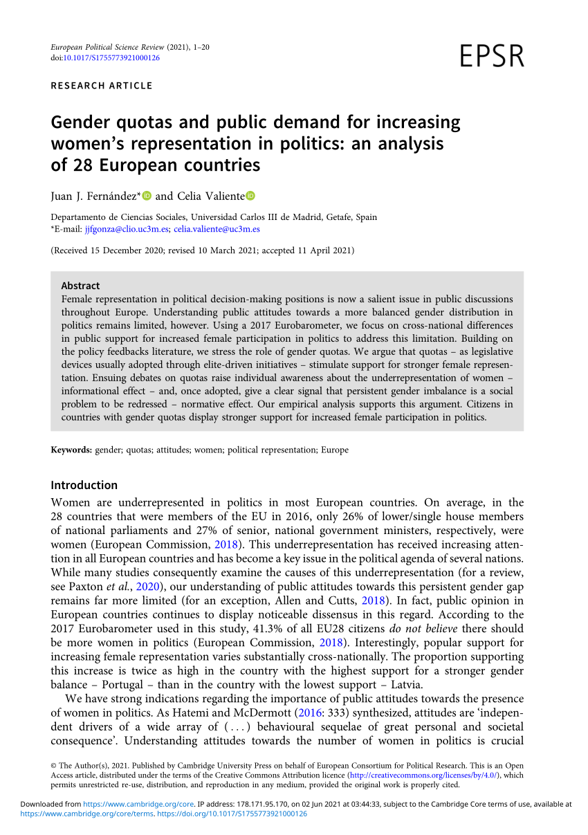 Pdf Gender Quotas And Public Demand For Increasing Womens Representation In Politics An 4845