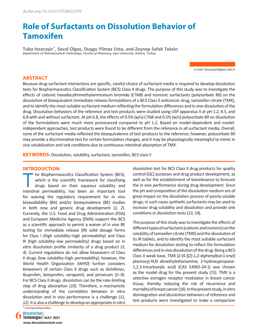 PDF) Role of Surfactants on Dissolution Behavior of Tamoxifen