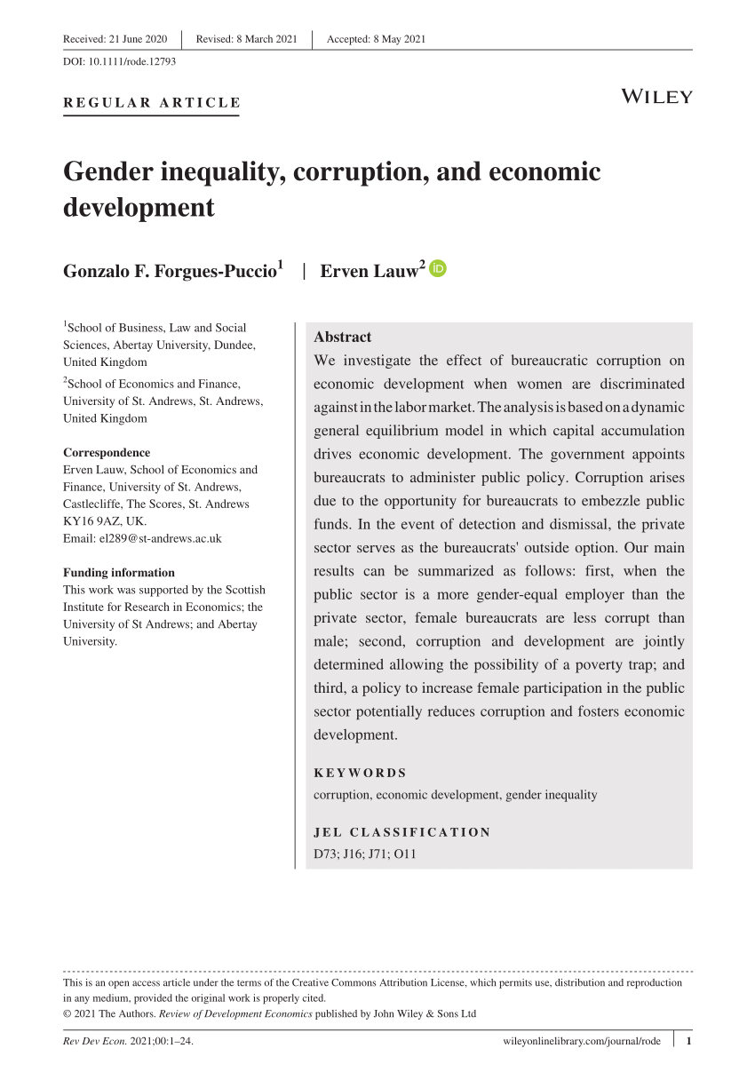 Pdf Gender Inequality Corruption And Economic Development 