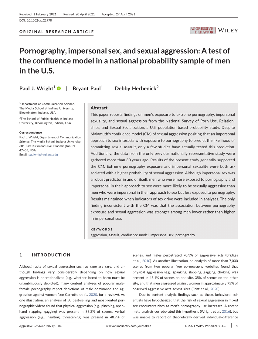 PDF) Pornography, impersonal sex, and sexual aggression A test of the confluence model in a national probability sample of men in the