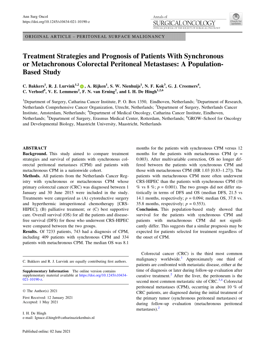 Pdf Treatment Strategies And Prognosis Of Patients With Synchronous Or Metachronous Colorectal 5527