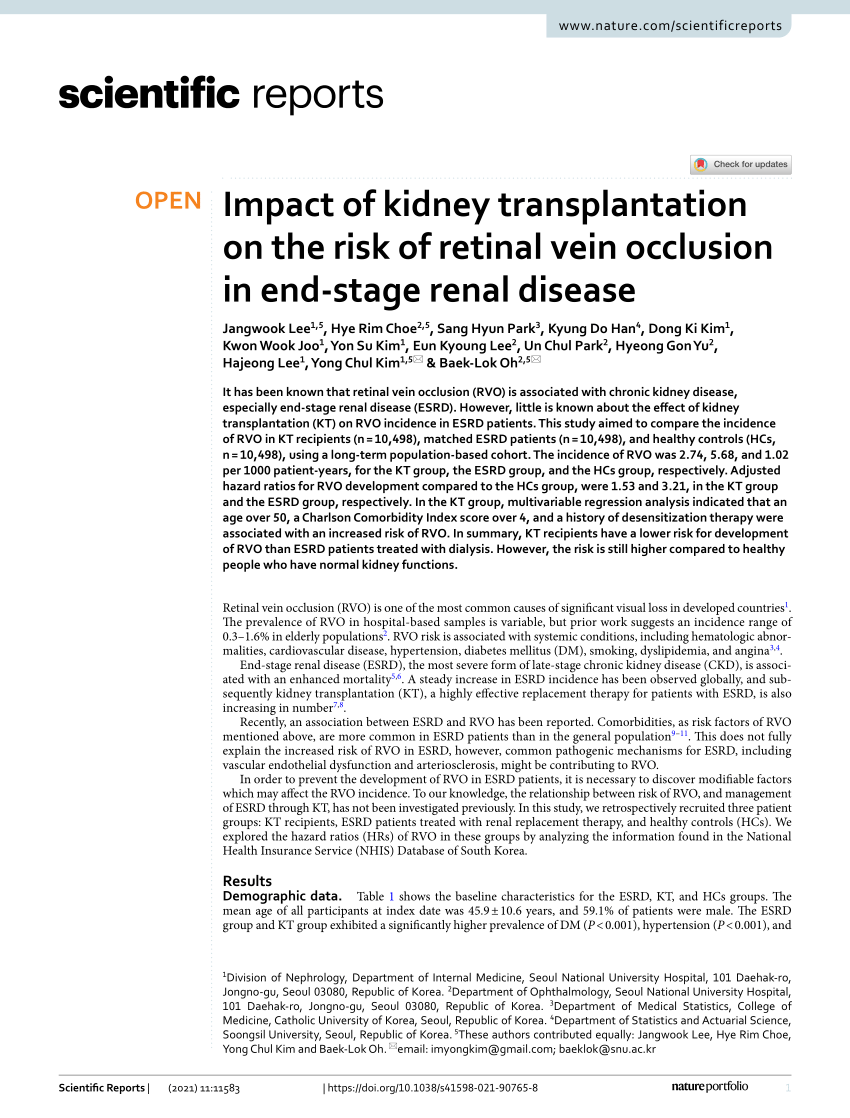 PDF Impact of kidney transplantation on the risk of retinal vein ...