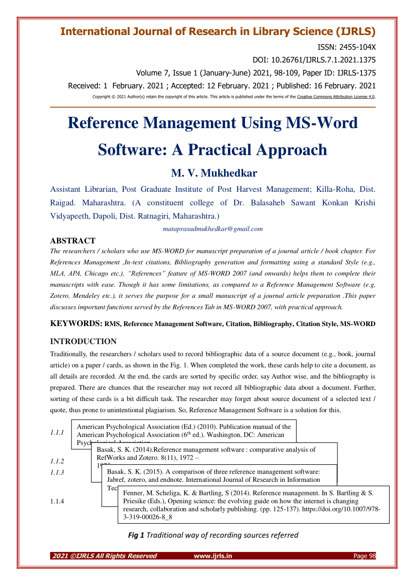 PDF) Reference Management Using MS-Word Software: A Practical Approach