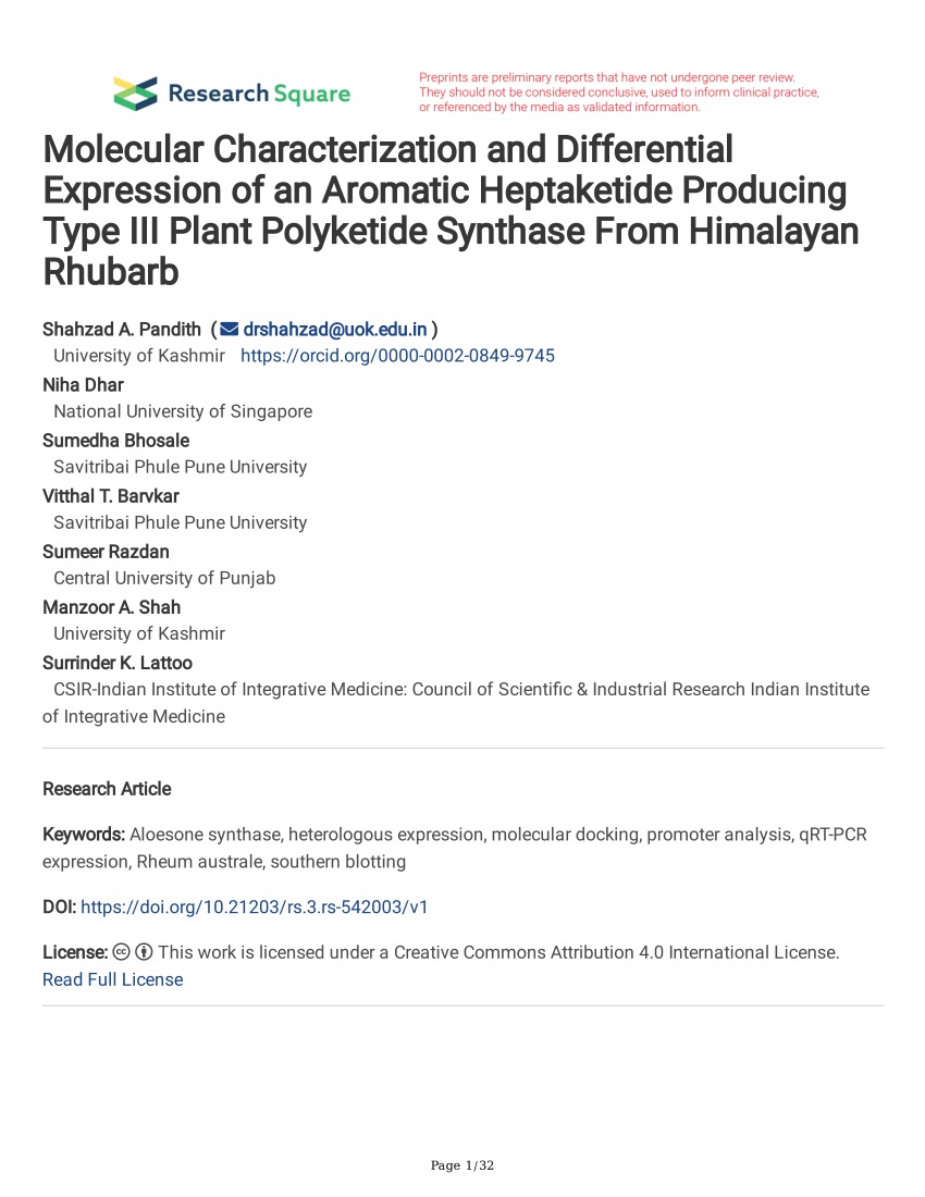 PDF) Molecular Characterization and Differential Expression of an Aromatic  Heptaketide Producing Type III Plant Polyketide Synthase From Himalayan  Rhubarb