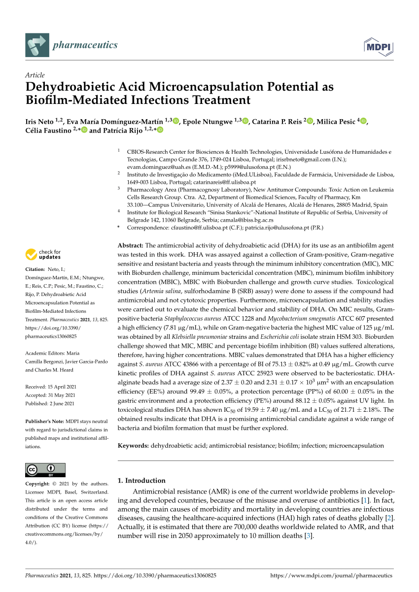 Pdf Dehydroabietic Acid Microencapsulation Potential As Biofilm Mediated Infections Treatment